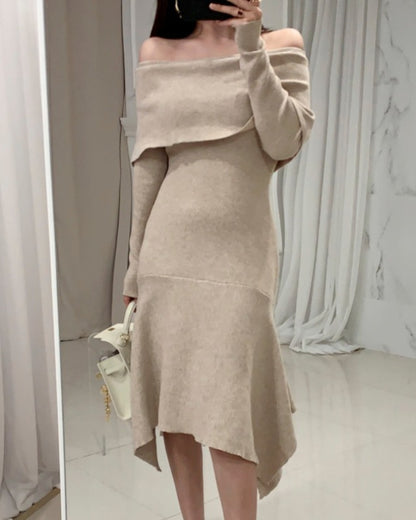 Off Shoulder Fishtail Sweater Knit Midi Dress