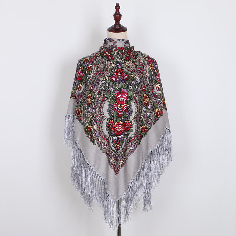 Ethnic Retro Flower Square Scarf Shawl Fringed Scarves for Women Ladies Girls