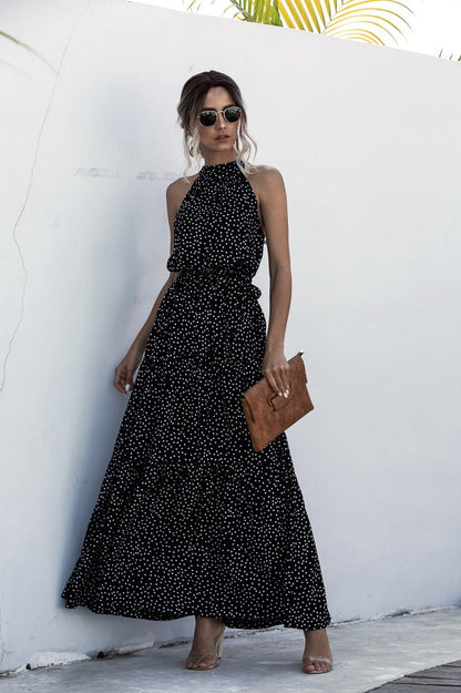 Black Wave Bohemian Boho Printed Hanging Neck Straps Maxi Dresses