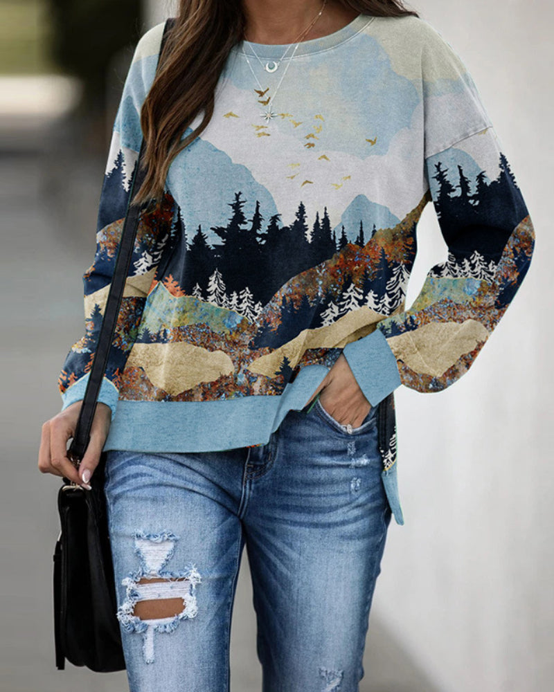 Round Neck Floral Printed T-Shirts Blouses Sweatshirts