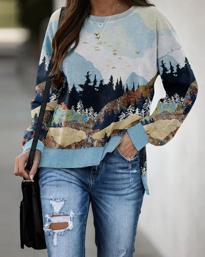 Round Neck Floral Printed T-Shirts Blouses Sweatshirts