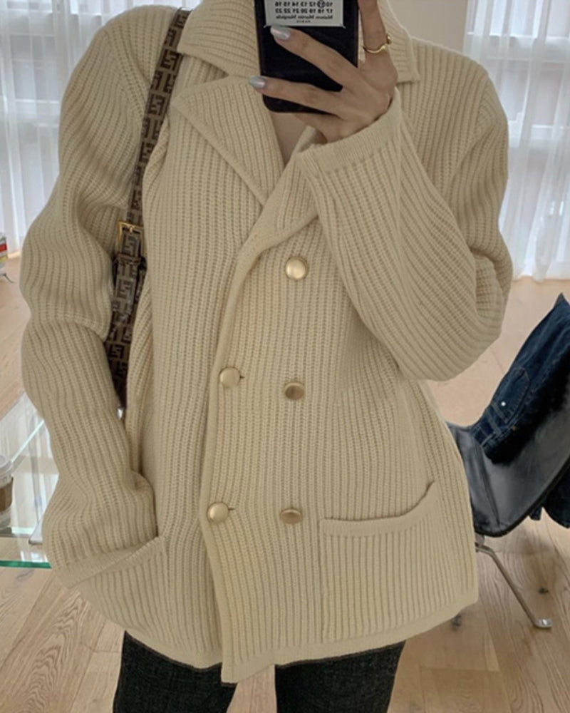 Pile Collar Double Breasted Knitted Sweaters Outerwear Apricot