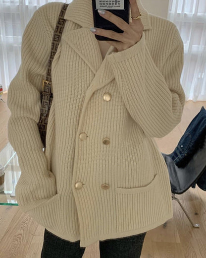 Pile Collar Double Breasted Knitted Sweaters Outerwear Apricot Gray