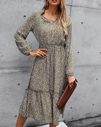 Floral V-neck Ruffles Elastic Waist Midi Dresses