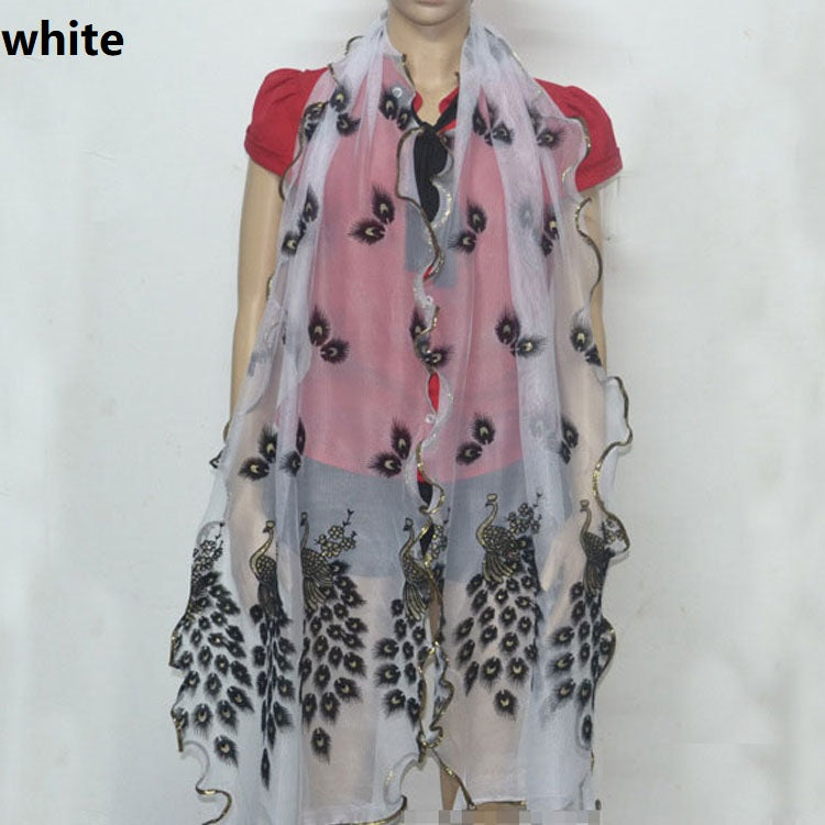 Fashion Lace Scarf Net Yarn Printing Peacock Stitching Flocking Phoenix Scarf for Women Ladies Girls