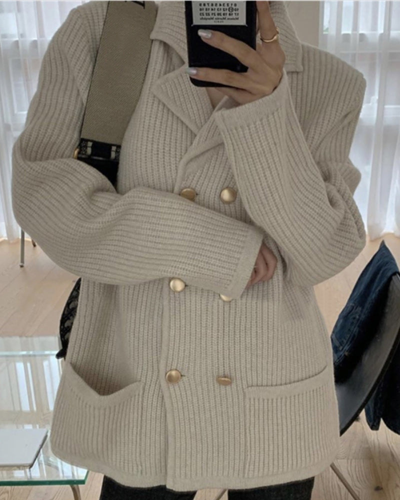 Pile Collar Double Breasted Knitted Sweaters Outerwear Apricot Gray