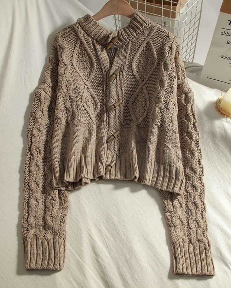 Single-breasted Argyle Pattern Knit Horn Button Cardigan Sweater
