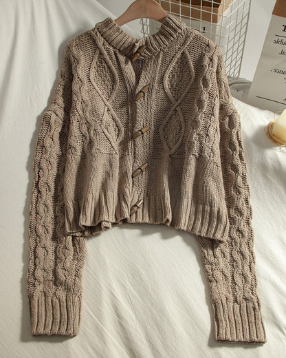 Single-breasted Argyle Pattern Knit Horn Button Cardigan Sweater