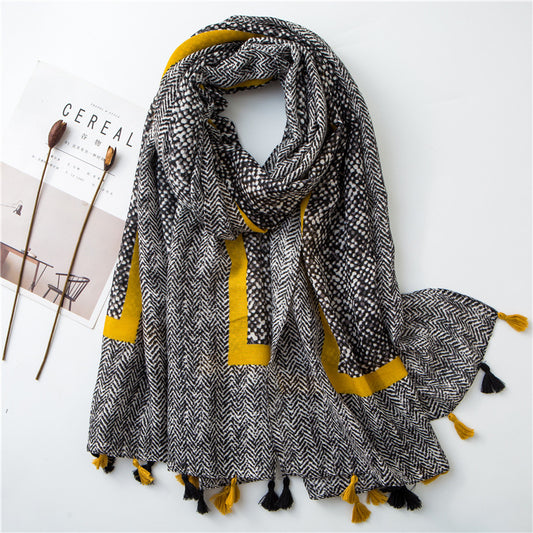 Tassel Grey Printed Cotton Scarf Shawl for Women Ladies Girls