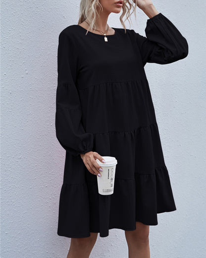 Round Neck Lantern Elastic Bubble Sleeve Mini Dresses