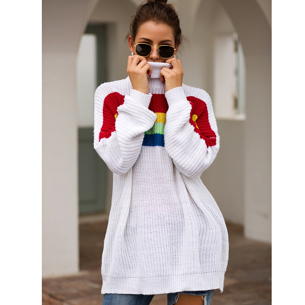 Women‘s High Collar Rainbow Stripes Knit Long Sweater
