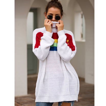 Women‘s High Collar Rainbow Stripes Knit Long Sweater