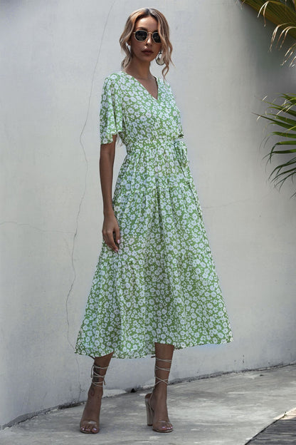 V-neck Belt Polka Dot Floral Maxi Dresses