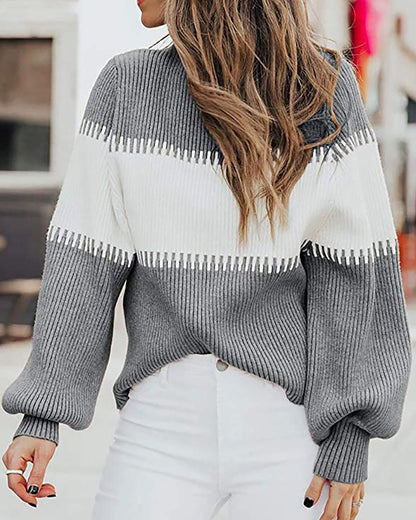 High-collared Lantern Sleeve Knit Splicing Sweaters