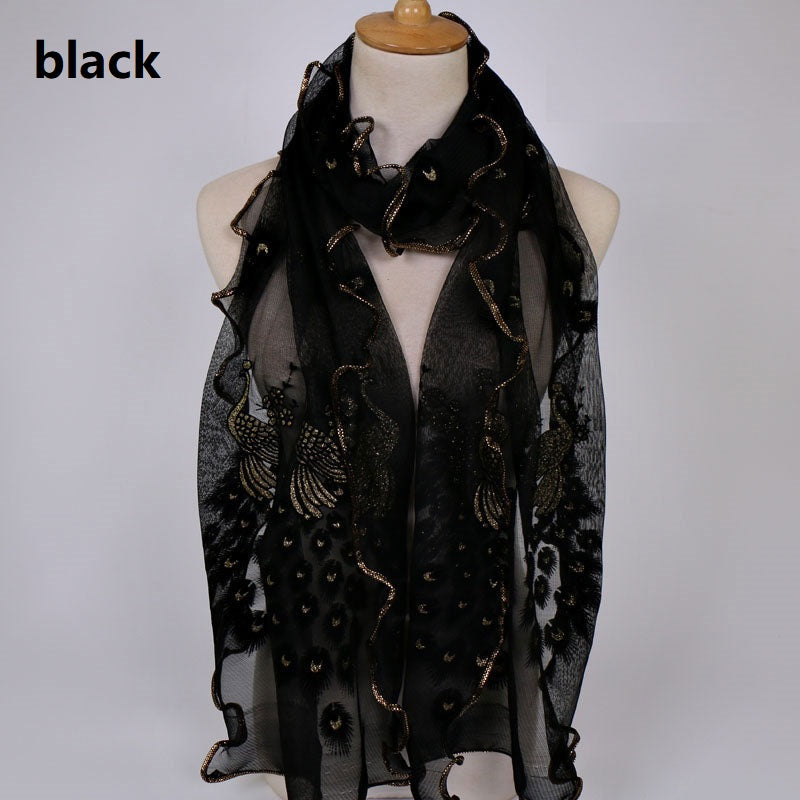 Fashion Lace Scarf Net Yarn Printing Peacock Stitching Flocking Phoenix Scarf for Women Ladies Girls