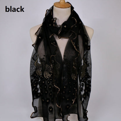 Fashion Lace Scarf Net Yarn Printing Peacock Stitching Flocking Phoenix Scarf for Women Ladies Girls