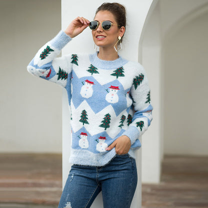 Christmas Tree and Snowman Pattern Long Sleeve Sweater