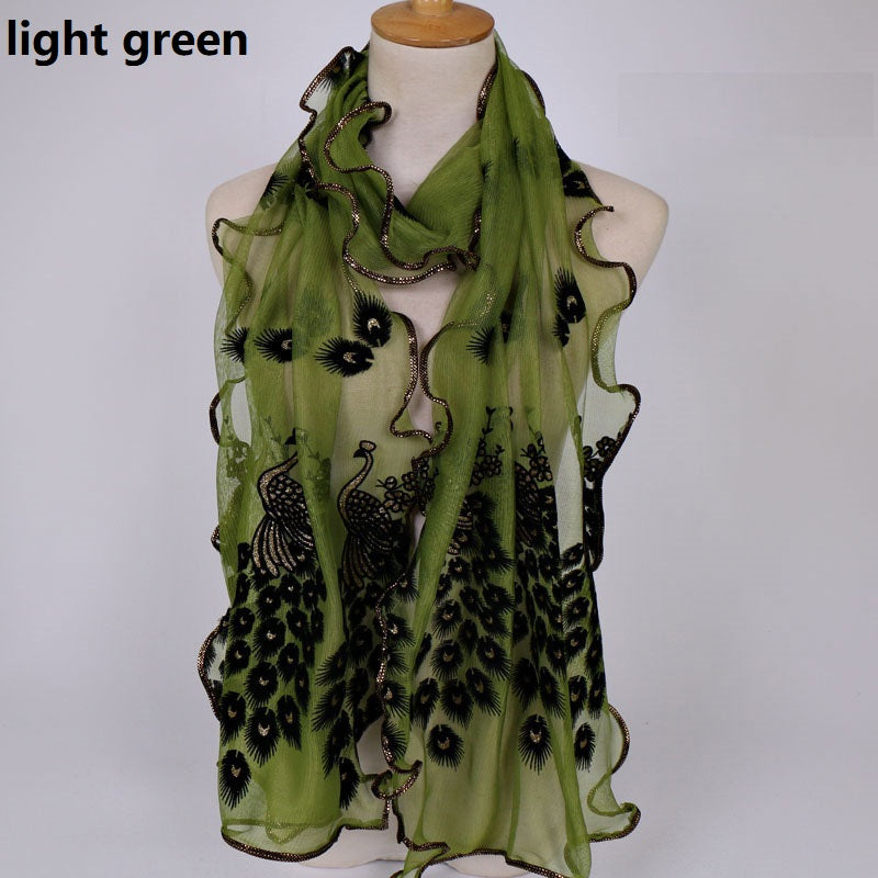 Fashion Lace Scarf Net Yarn Printing Peacock Stitching Flocking Phoenix Scarf for Women Ladies Girls
