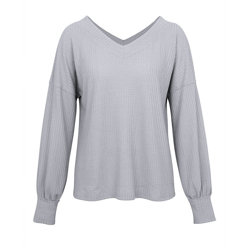 V-neck Waffle Strapless Shoulder Lantern Long Sleeve T-shirt Sweater