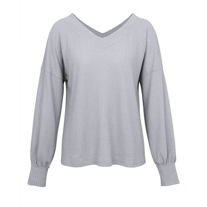 V-neck Waffle Strapless Shoulder Lantern Long Sleeve T-shirt Sweater