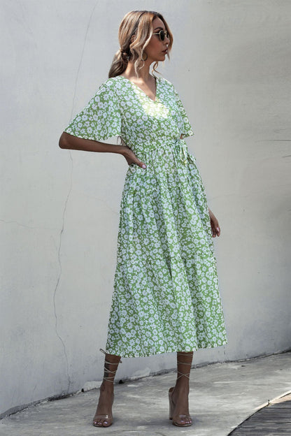 V-neck Belt Polka Dot Floral Maxi Dresses