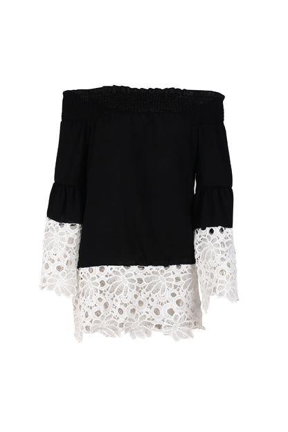Women Sexy One Shoulder Lace Stitching Long Sleeve Loose Cuffs Shirt Blouses