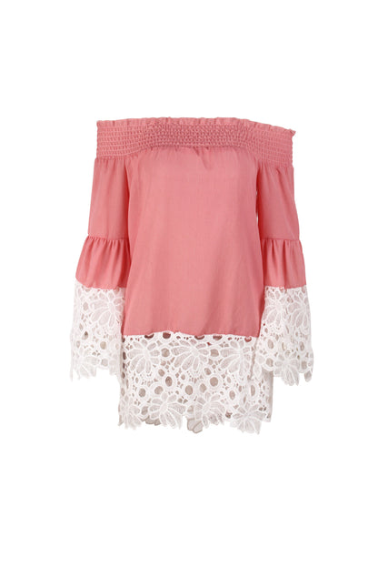 Women Sexy One Shoulder Lace Stitching Long Sleeve Loose Cuffs Shirt Blouses
