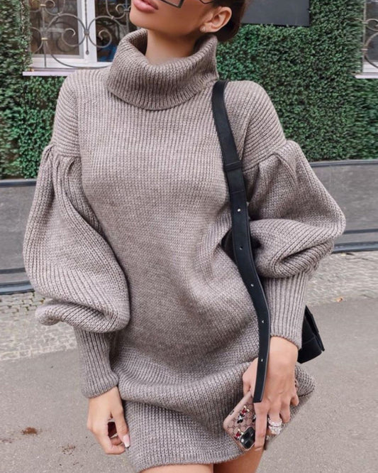 Knit Lantern Sleeve High Collar Sweater Mini Dresses