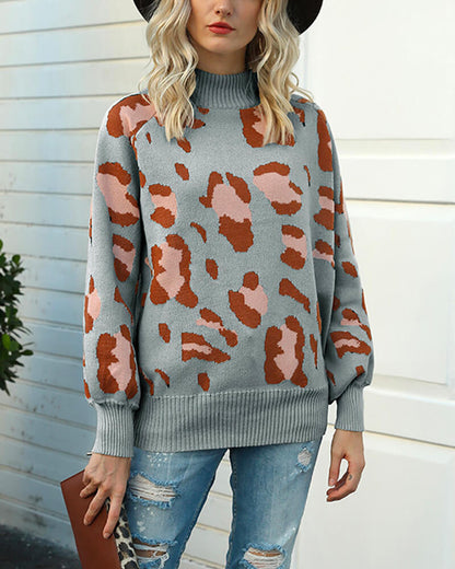 Leopard Print Lantern Sleeve Knit Sweaters