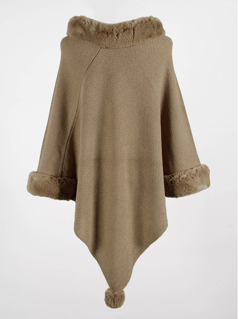 Pullover Pompom Fur Collar Sleeves Sweater Cloak Shawl Cape