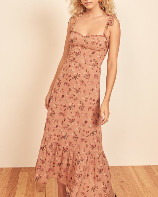 Chiffon Strappy Vintage Floral Lace-up Maxi Midi Dresses