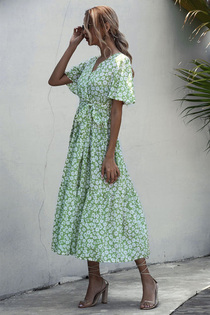 V-neck Belt Polka Dot Floral Maxi Dresses