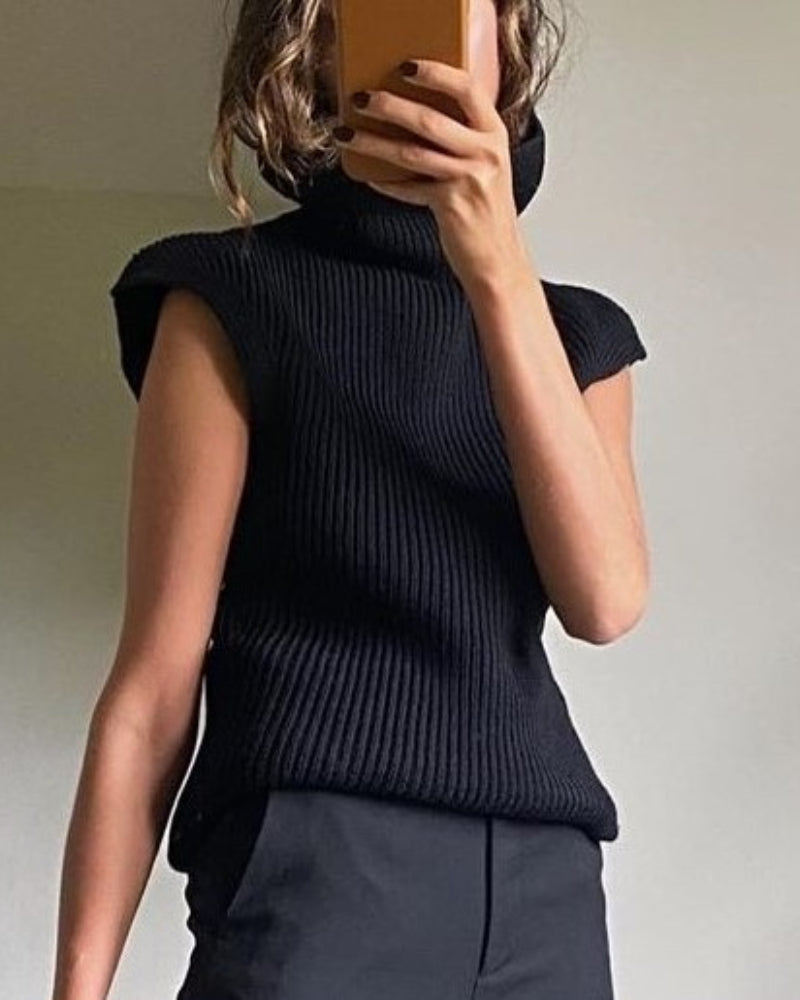 High-collared Shoulder Padded Pads Sleeveless Sweater