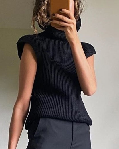 High-collared Shoulder Padded Pads Sleeveless Sweater