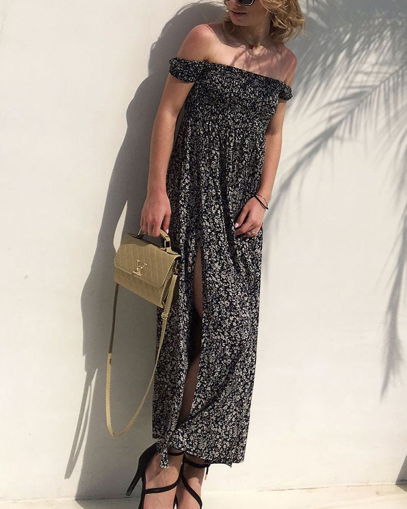 Off The Shoulder Split Leg Side Floral Maxi Dresses