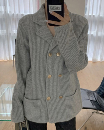 Pile Collar Double Breasted Knitted Sweaters Outerwear Apricot