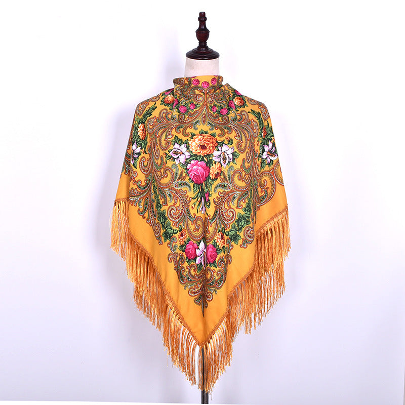 Ethnic Retro Flower Square Scarf Muslim Shawl Fringed Scarves for Women Ladies Girls