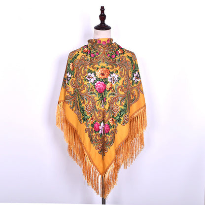 Ethnic Retro Flower Square Scarf Muslim Shawl Fringed Scarves for Women Ladies Girls