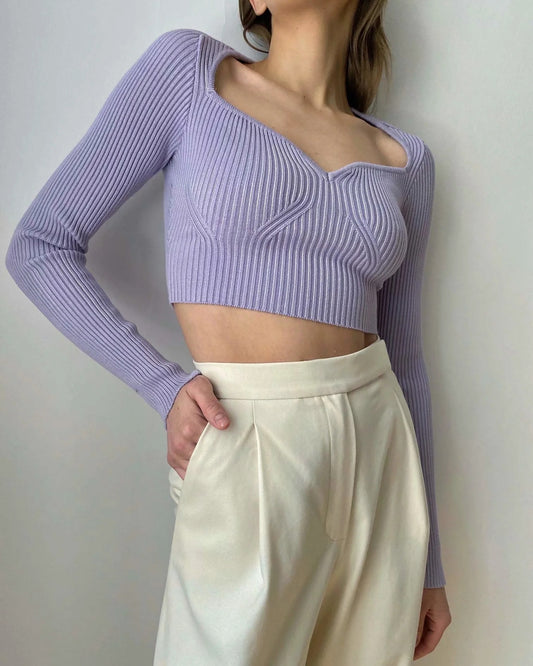 Heart Shape Collar Knit Crop Tops Vintage Sweaters Blouses