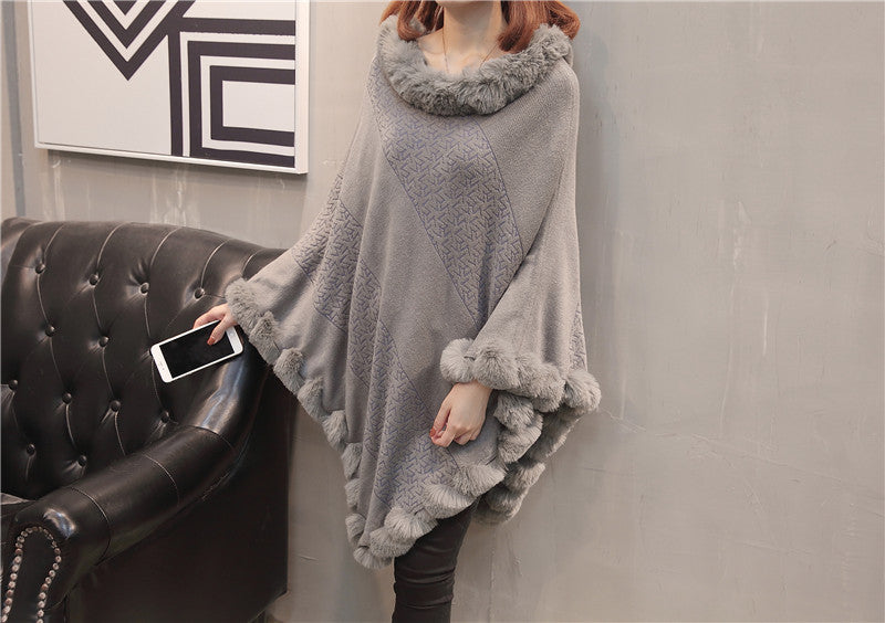 Pullover Hem Fur Collar Sweater Cloak Shawl Cape