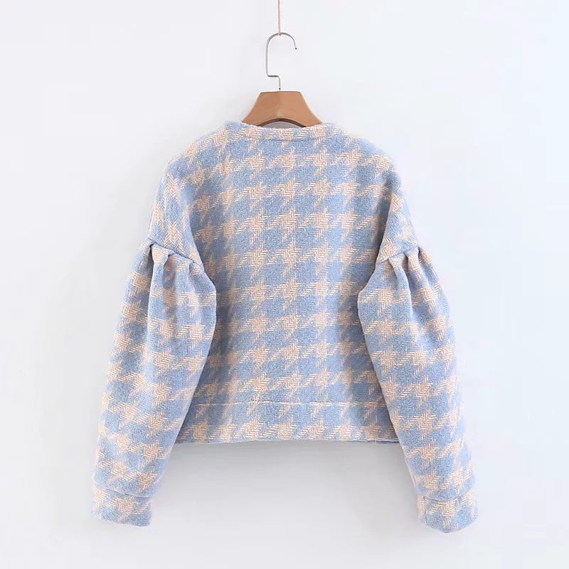 Houndstooth Beaded Buckle Long Sleeve Short Jacket Skirt Dress Suit