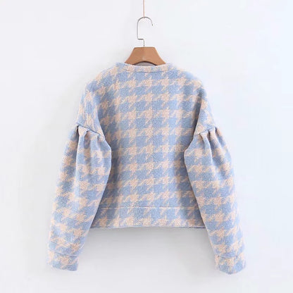 Houndstooth Beaded Buckle Long Sleeve Short Jacket Skirt Dress Suit
