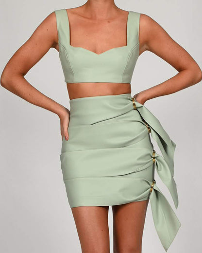 Tank Tops Skirts Leather Mini Dresses Two-piece Set