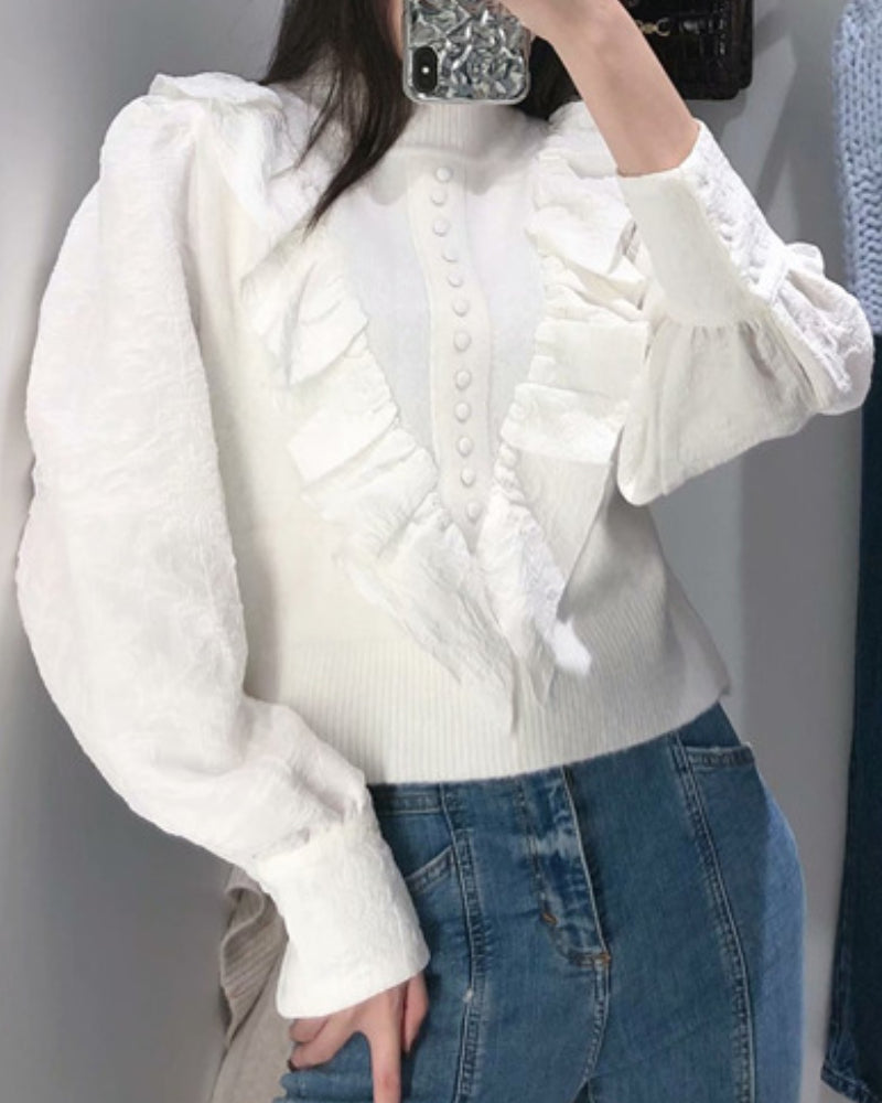 Elastic Sleeve Ruffled High-collared Laminated Sweaters Blouses