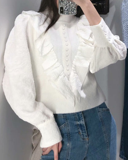 Elastic Sleeve Ruffled High-collared Laminated Sweaters Blouses