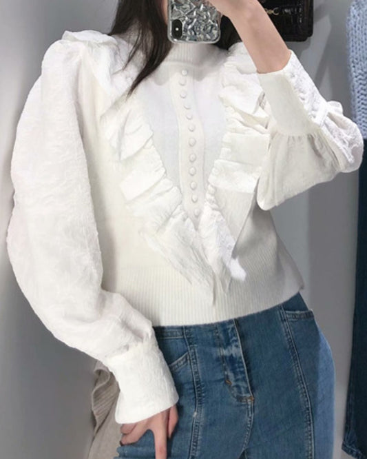 Elastic Sleeve Ruffled High-collared Laminated Sweaters Blouses