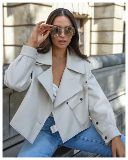 Pile Collar Pocket Crop Leather Tops Jacket Outerwear