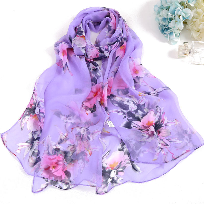 Lotus Printed Long Thin Silk Scarf for Women