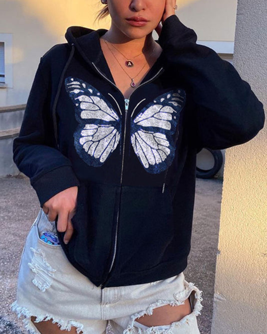 Round Neck Butterfly Beads Shirts Blouses Hoodies Sweatshirts