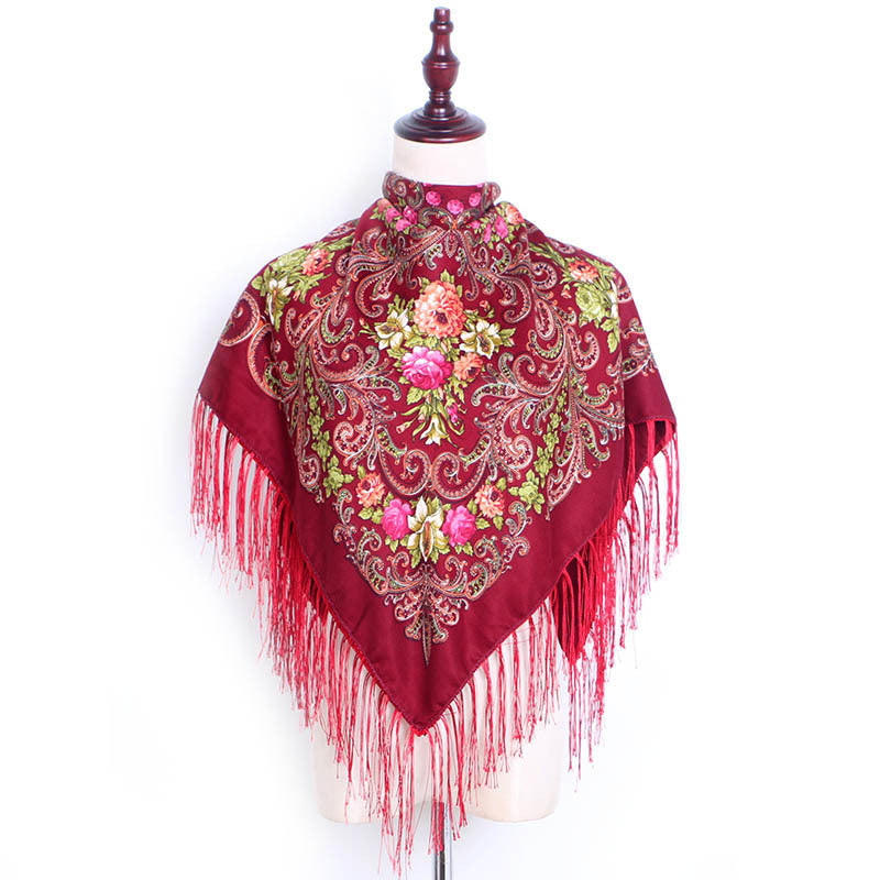 Ethnic Retro Flower Square Scarf Shawl Fringed Scarves for Women Ladies Girls